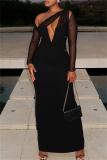 Black Sexy Formal Elegant Solid Color Hollow Out Patchwork Oblique Collar Long Dresses