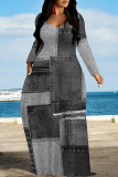 Blue Casual Street Faux Denim Print Pocket Contrast V Neck Printed Dresses