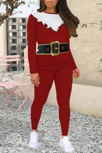 Burgundy Casual Wapiti Santa Claus Letter Print O Neck Long Sleeve Two Pieces