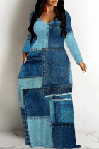 Blue Casual Street Faux Denim Print Pocket Contrast V Neck Printed Dresses