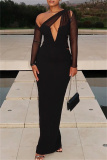 Black Sexy Formal Elegant Solid Color Hollow Out Patchwork Oblique Collar Long Dresses