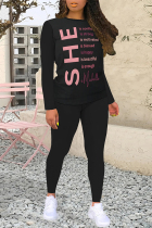 Black Pink Casual Street Letter Print Contrast O Neck Long Sleeve Two Pieces