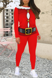 Red Casual Wapiti Santa Claus Letter Print O Neck Long Sleeve Two Pieces