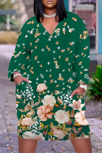 Green Casual Floral Print Pocket Contrast V Neck Printed Plus Size Dresses