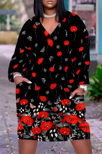 Black Casual Floral Print Pocket Contrast V Neck Printed Plus Size Dresses