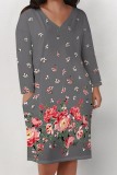 Pink Casual Floral Print Pocket Contrast V Neck Printed Plus Size Dresses