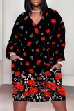 Pink Casual Floral Print Pocket Contrast V Neck Printed Plus Size Dresses