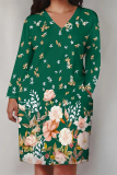 Pink Casual Floral Print Pocket Contrast V Neck Printed Plus Size Dresses