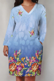 Pink Casual Floral Print Pocket Contrast V Neck Printed Plus Size Dresses