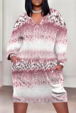Pink Casual Floral Print Pocket Contrast V Neck Printed Plus Size Dresses