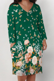 Pink Casual Floral Print Pocket Contrast V Neck Printed Plus Size Dresses