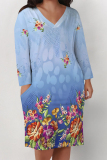 Pink Casual Floral Print Pocket Contrast V Neck Printed Plus Size Dresses