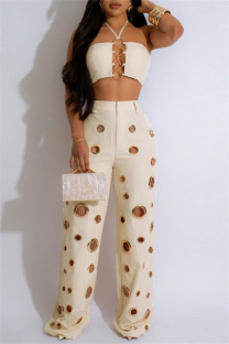 Apricot Sexy Casual Solid Color Hollow Out Patchwork Metal Accessories Trim Belted Halter Sleeveless Two Pieces