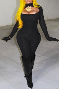 Black Sexy Hot Solid Color Hollow Out Turtleneck Skinny Jumpsuits