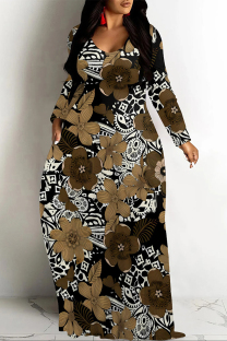 Deep Coffee Casual Street Floral Print Pocket Contrast V Neck Printed Dresses