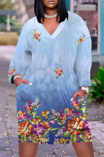 Baby Blue Casual Floral Print Pocket Contrast V Neck Printed Plus Size Dresses
