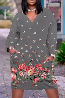Dark Gray Casual Floral Print Pocket Contrast V Neck Printed Plus Size Dresses
