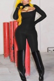 Black Sexy Hot Solid Color Hollow Out Turtleneck Skinny Jumpsuits