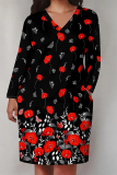 Pink Casual Floral Print Pocket Contrast V Neck Printed Plus Size Dresses
