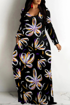 Black Casual Street Floral Print Pocket Contrast V Neck Printed Dresses