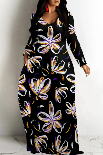Black Casual Street Floral Print Pocket Contrast V Neck Printed Dresses