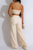 Black Sexy Casual Solid Color Hollow Out Patchwork Metal Accessories Trim Belted Halter Sleeveless Two Pieces