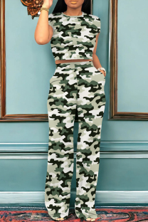 Green Casual Camouflage Print Pocket Patchwork O Neck Short Sleeve Two Pieces