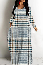 Light Blue Casual Print Patchwork V Neck Long Dresses