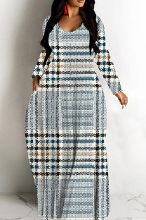 Light Blue Casual Print Patchwork V Neck Long Dresses