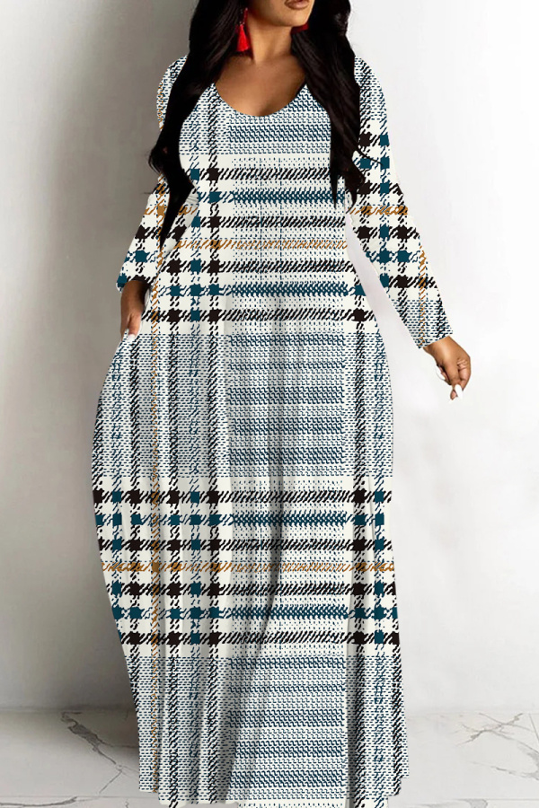 Light Blue Casual Print Patchwork V Neck Long Dresses