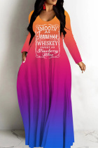 Orange Blue Casual Gradient Print Basic V Neck Long Dresses