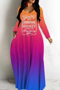 Orange Blue Casual Gradient Print Basic V Neck Long Dresses