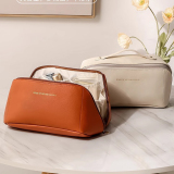 Brown Waterproof Travel Cosmetic Bag With Dividers And Handle