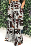 Beige Casual Street Geometric Print Pocket Contrast Loose High Waist Wide Leg Full Print Bottoms