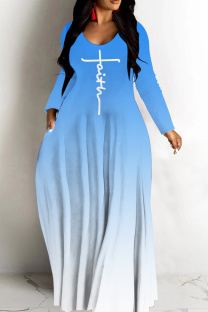 Blue White Casual Gradient Print Basic V Neck Long Dresses