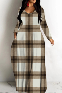 Brown Casual Print Patchwork V Neck Long Dresses