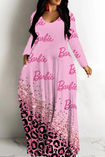 Pink Casual Print Basic V Neck Long Dresses