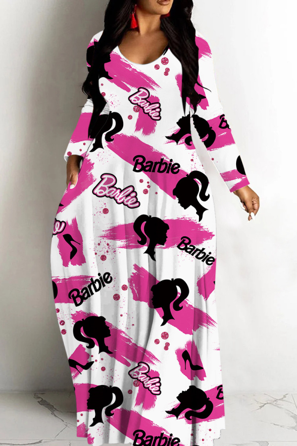 White Rose Red Casual Print Basic V Neck Long Dresses