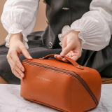Brown Waterproof Travel Cosmetic Bag With Dividers And Handle