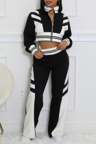 Black Casual Pocket Patchwork Zipper Contrast Zipper Collar Long Sleeve Two Pieces