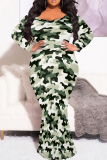 Camouflage Casual Camouflage Print Patchwork O Neck Long Plus Size Dresses
