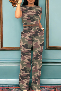 Brownness Casual Camouflage Print Pocket Patchwork O Neck Short Sleeve Two Pieces