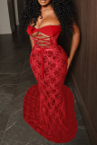 Red Elegant Solid Color Lace Patchwork Cross Straps Strapless Long Dresses