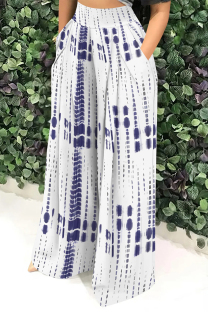 Blue White Casual Street Geometric Print Pocket Contrast Loose High Waist Wide Leg Full Print Bottoms