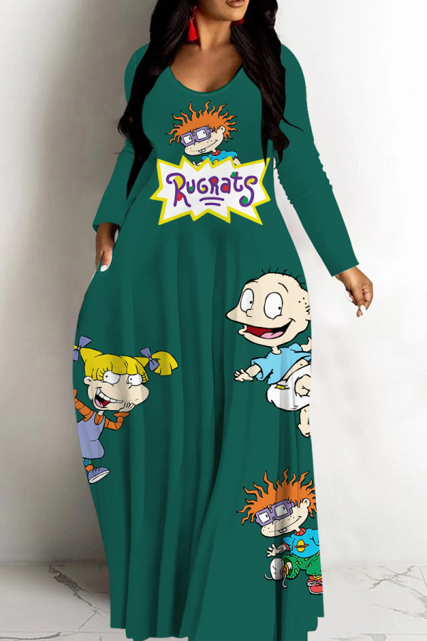 Green Casual Cartoon Print Basic V Neck Long Dresses
