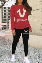 Red Black Casual Letters Patchwork O Neck Long Sleeve Two Pieces