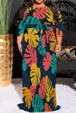 Turquoise Casual Print Patchwork Strap Design O Neck Long Plus Size Dresses