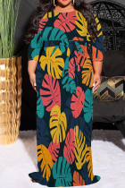 Multicolor Casual Print Patchwork Strap Design O Neck Long Plus Size Dresses
