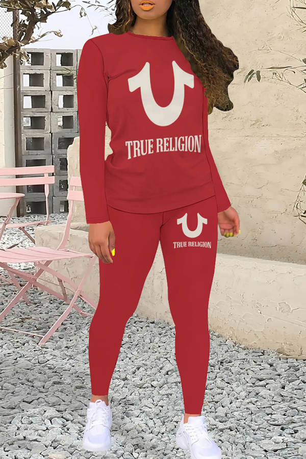 Red White Casual Letters Patchwork O Neck Long Sleeve Two Pieces