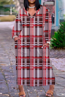 Red Casual Striped Print Pocket V Neck Long Plus Size Dresses